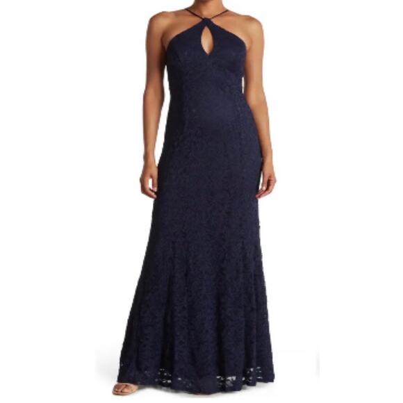 Bebe Halter Neck Lace-Up Back Lace Trumpet Gown Women's Plus 16 Navy Blue - Picture 1 of 10